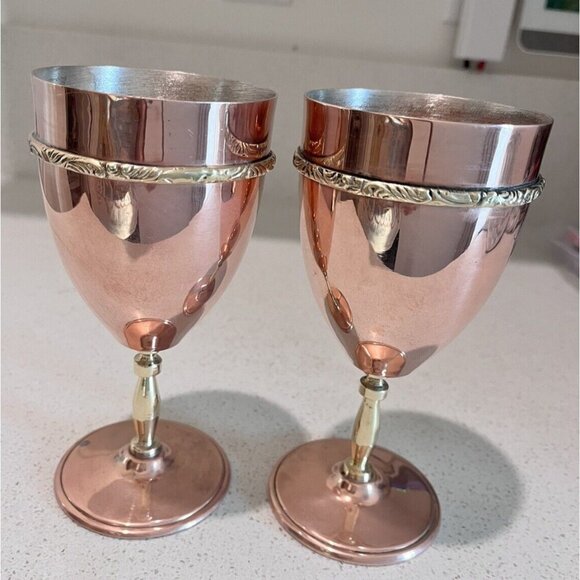 Set of 2 Orfe Mexican? Copper over Silver Wine Goblets Brass Stems Mixed Metals - Picture 1 of 14